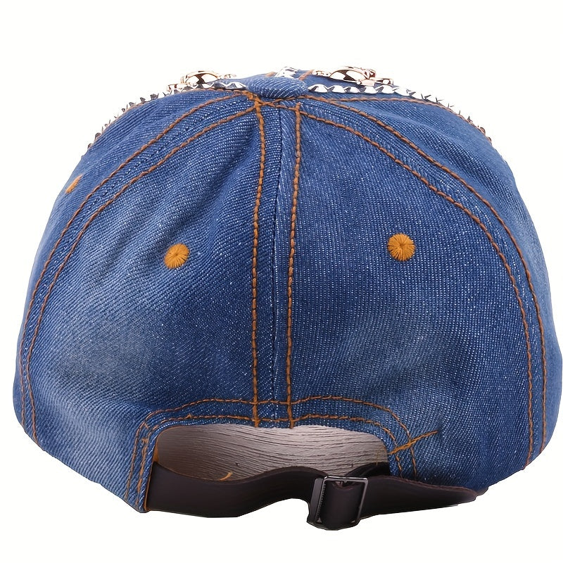 Metal Skull Patch Baseball Cap Distressed Denim Sports Hat