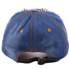 Metal Skull Patch Baseball Cap Distressed Denim Sports Hat
