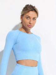 Solid Long Sleeve Yoga Crop Top Round Neck