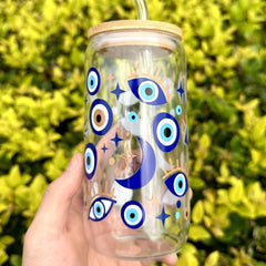 16oz Eyes Pattern Glass Cup Set Bamboo Lid Straw Holiday Gift