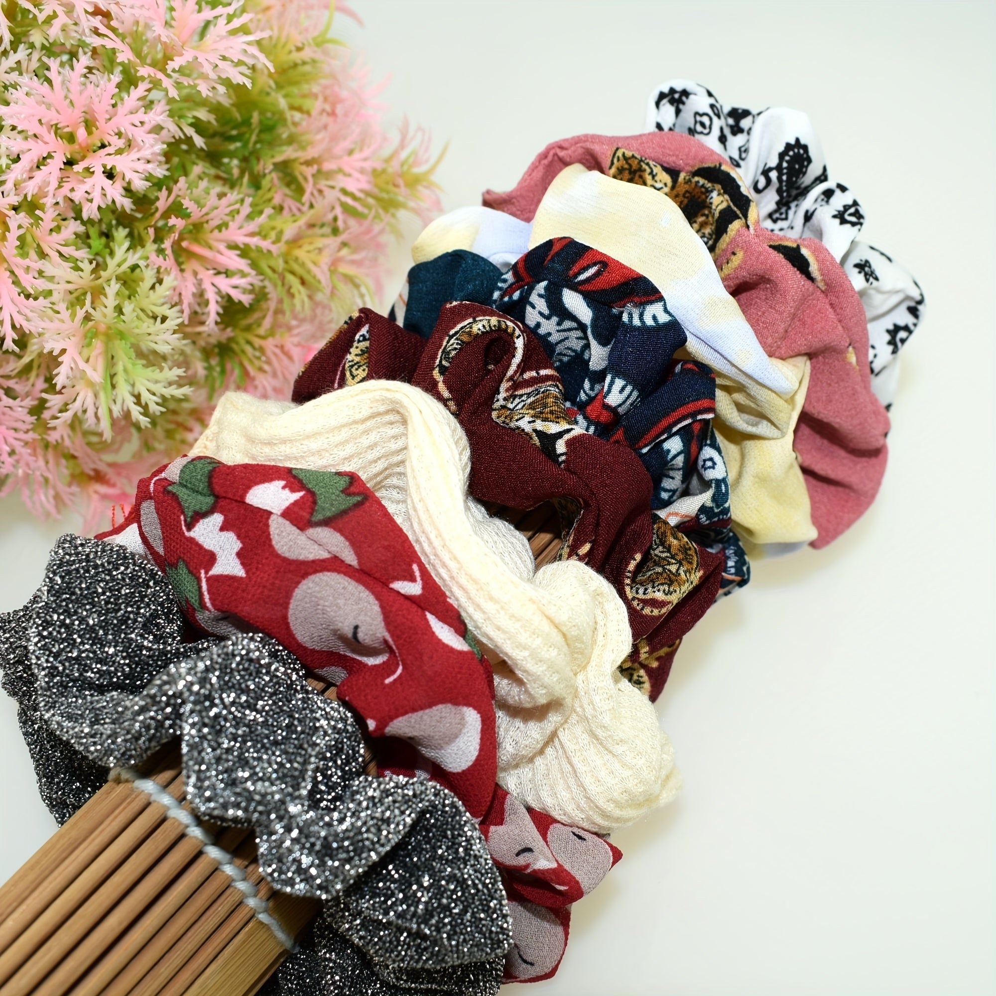 12pcs Boho Style Satin Scrunchies Hair Tie Floral Print Ponytail Holder
