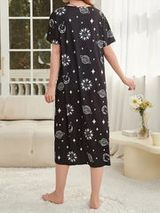 Starry Print NightDress Short Sleeve Crew Neck Pajama Dress