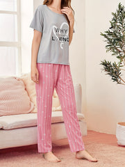 Heart Print Pajama Set Short Sleeve Crew Neck Top & Elastic Waistband Pants