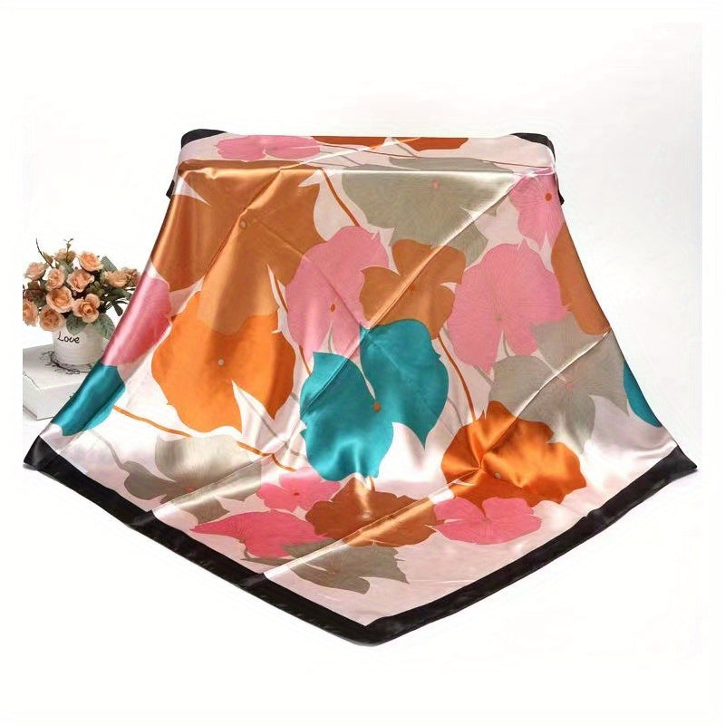Lotus Print Satin Square Scarf Flower Bandana Women Casual Sunscreen Shawl