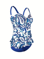 Floral Print Tankini Set with Ruffle Trim Cami Top & Brief