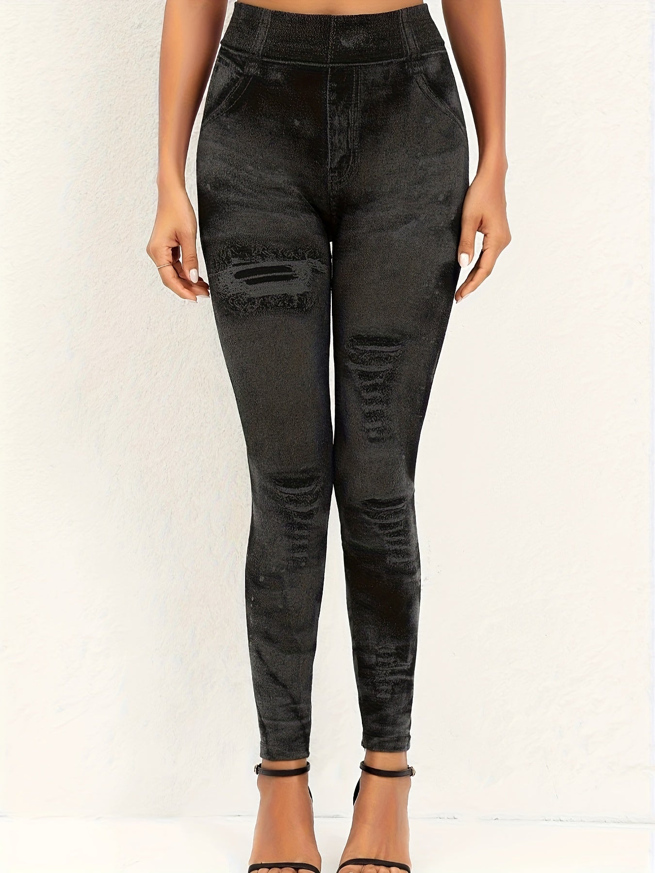 Distressed Denim Print High Rise Leggings Plus Size