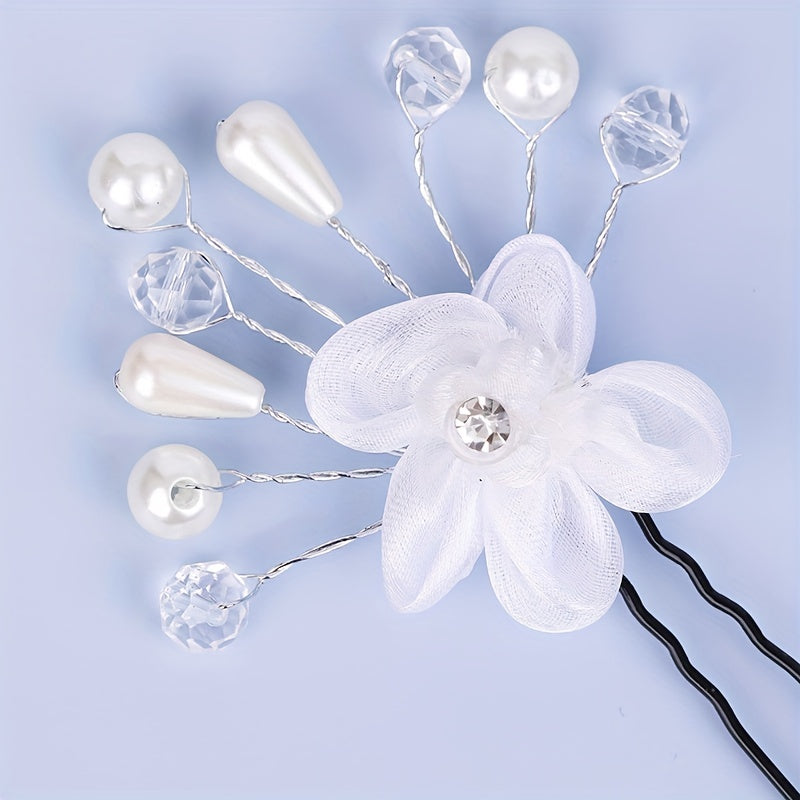 5pcs Flower Crystal Faux Pearl Hairpin Bridal U shaped Hairpin