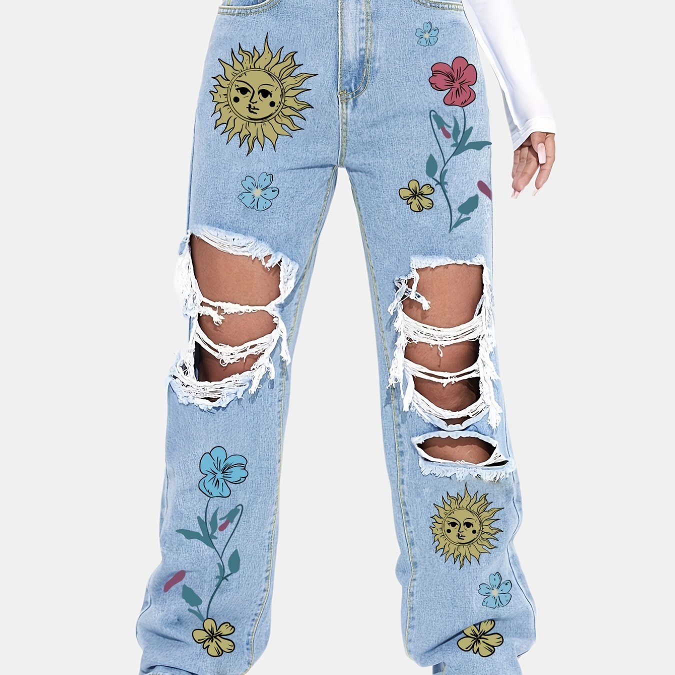 Women's Plus Floral & Sun Print Button Fly Ripped Straight Leg Jeans