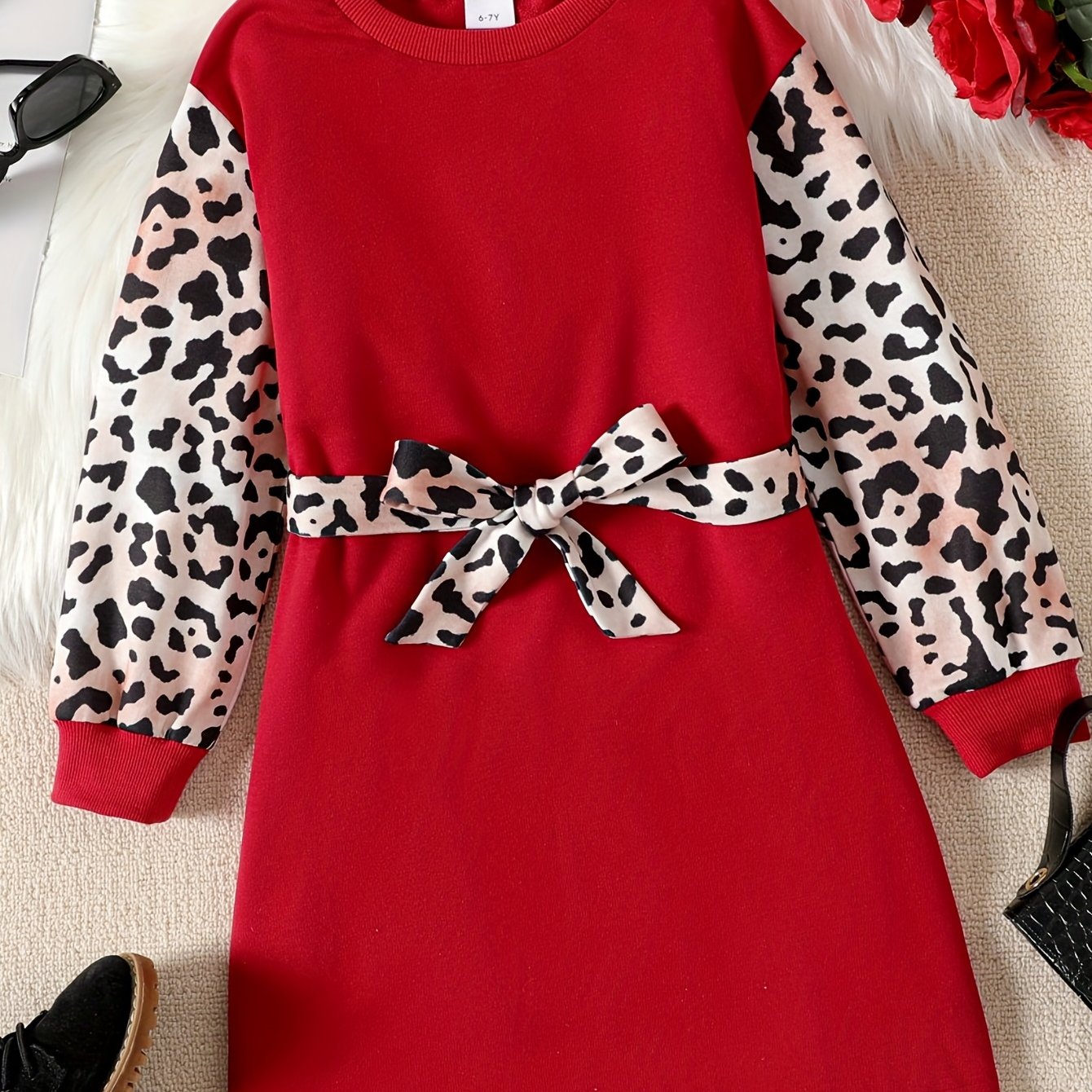 Kid Girl's Leopard Colorblock Print Long Sleeve Dress