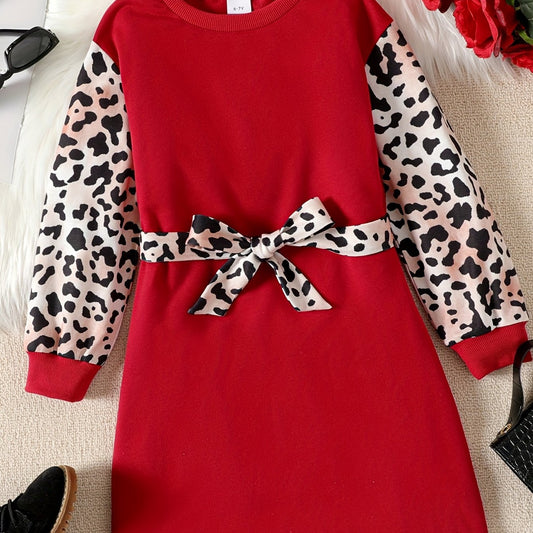 Kid Girl's Leopard Colorblock Print Long Sleeve Dress