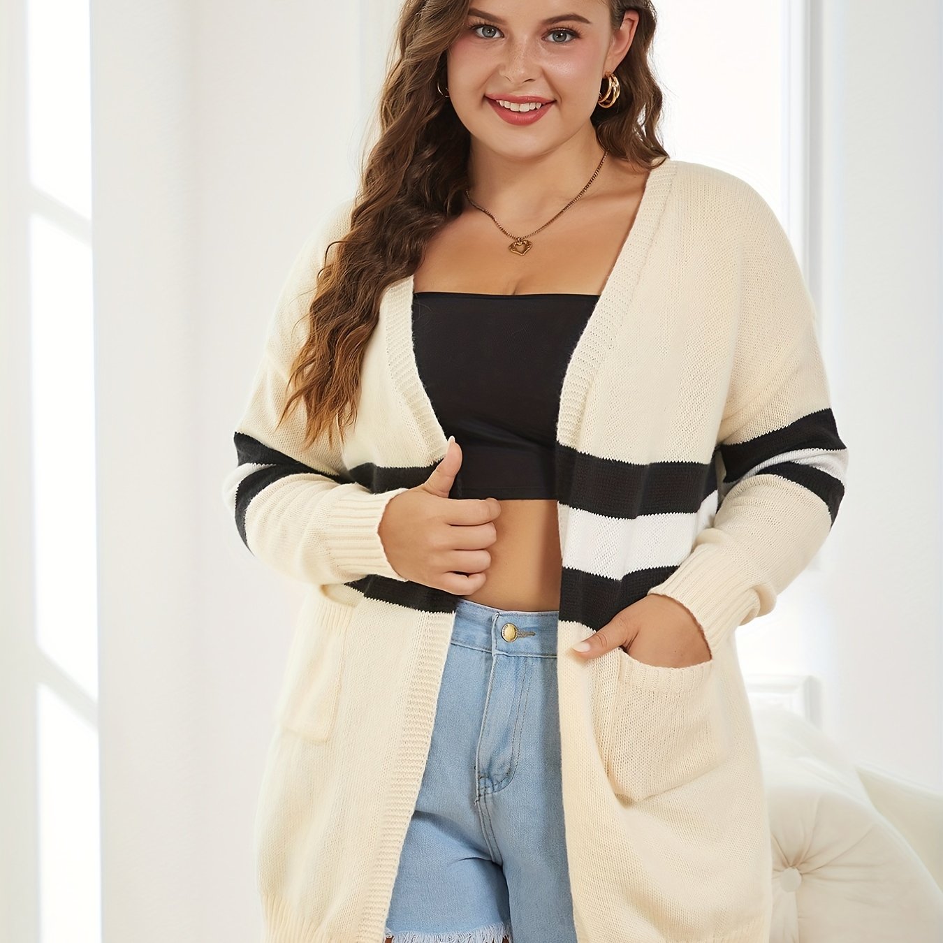 Plus Stripe Long Sleeve Cardigan with Pockets