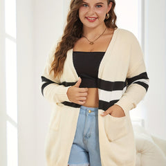Plus Stripe Long Sleeve Cardigan with Pockets