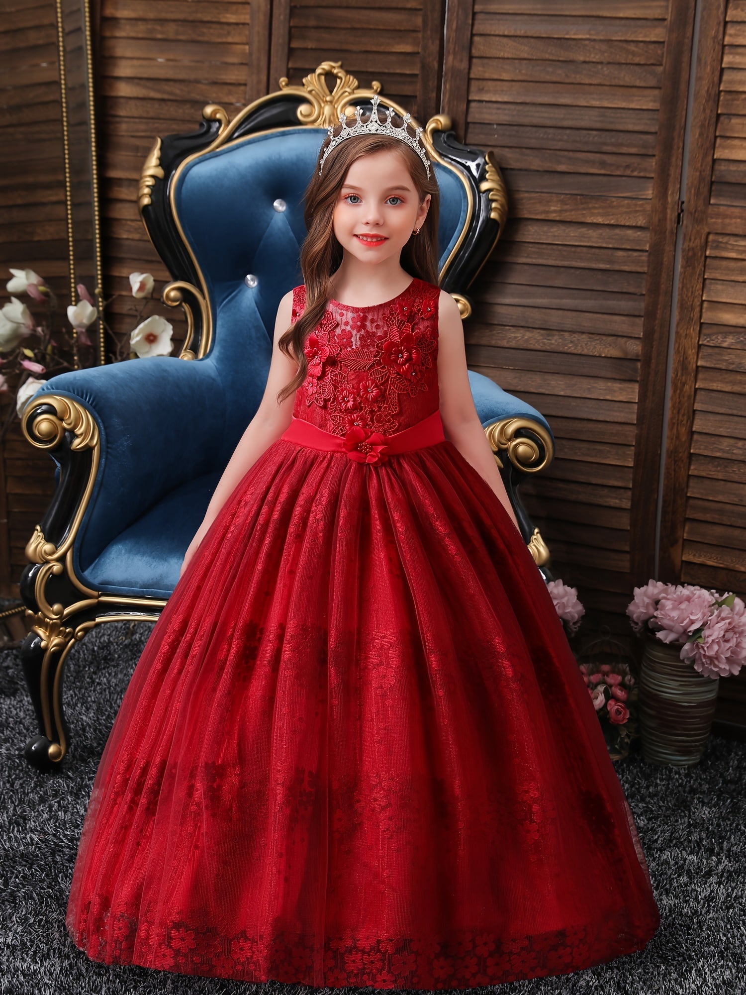 Girls Princess Dress Sleeveless Flower Embroidery Tulle Tutu Dress
