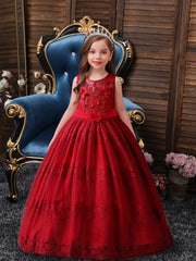 Girls Princess Dress Sleeveless Flower Embroidery Tulle Tutu Dress