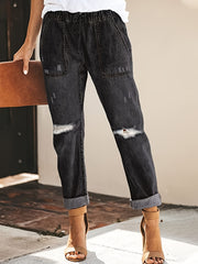 Elastic Band Distressed Denim Jeans Slim Fit Solid