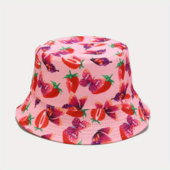 Strawberry Butterfly Print Bucket Hat Reversible Cartoon Fisherman Cap