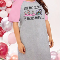 Nightdress Women's Plus Cat & Letter Graphic Raglan Short Sleeve