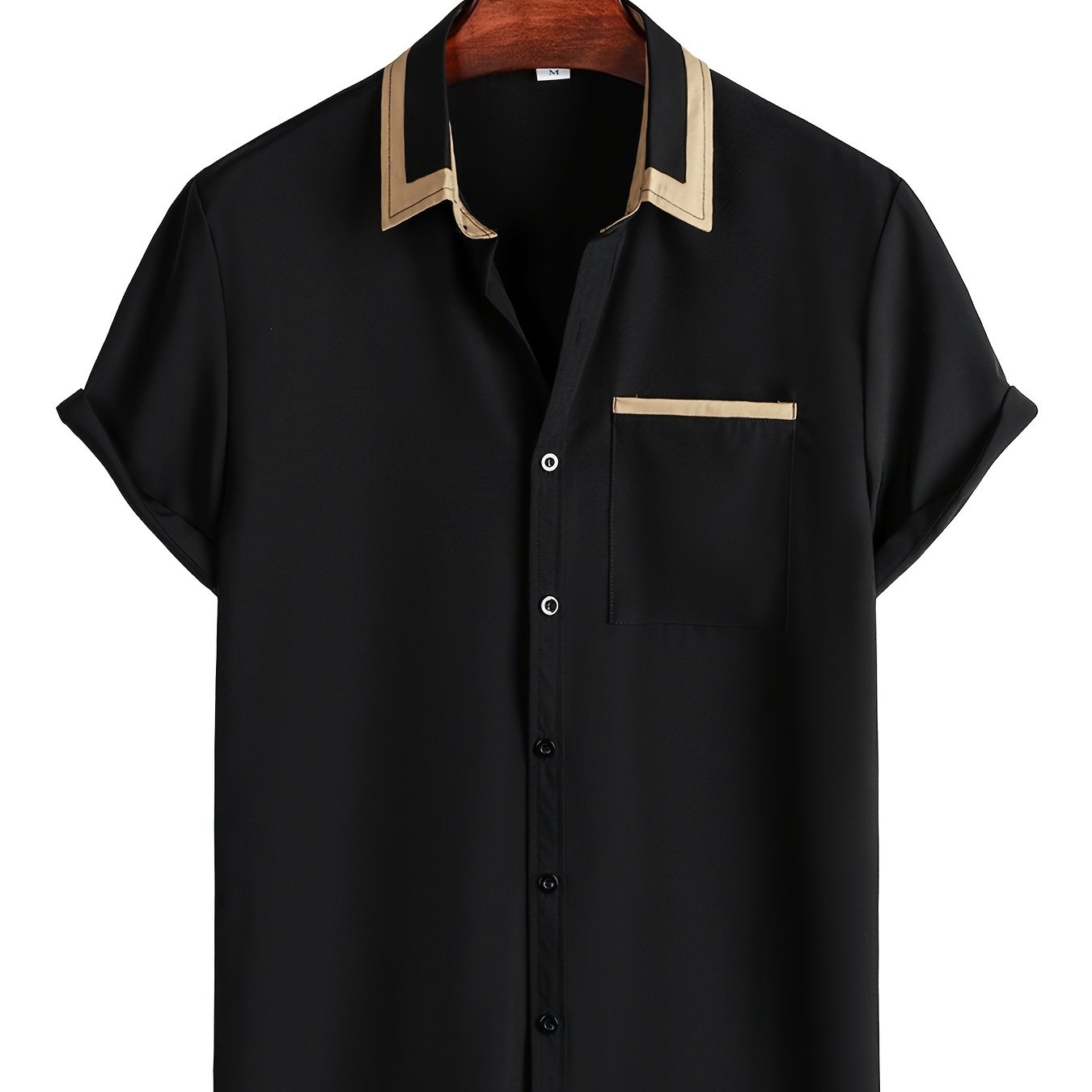 Men's Short Sleeve Button Up Shirt, Chest Pocket, Contrast Lapel