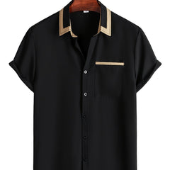 Men's Short Sleeve Button Up Shirt, Chest Pocket, Contrast Lapel