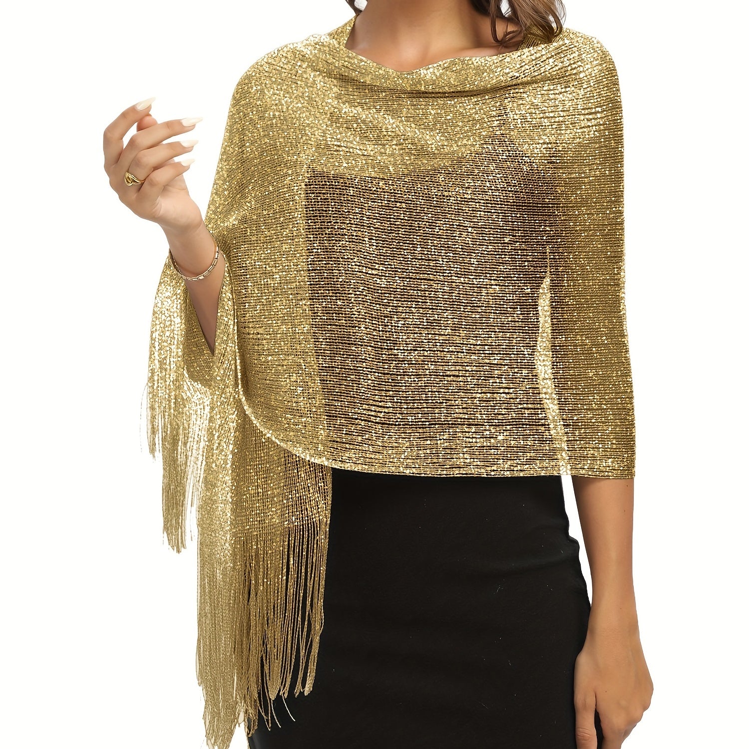 Metallic Shawls Round Buckle Tassel Wraps Scarf For Evening Party Wedding