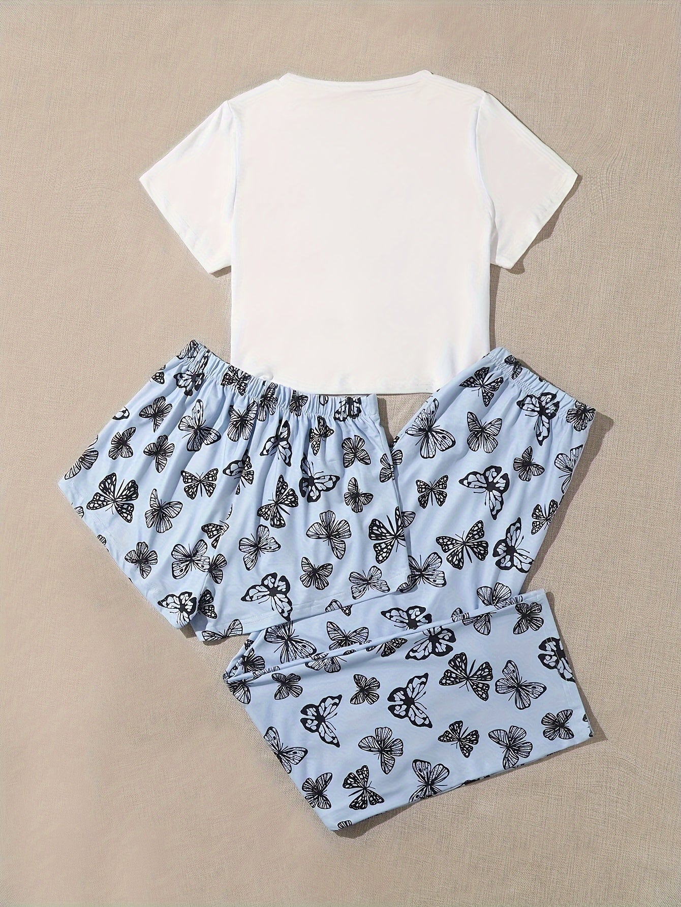Butterfly Print 3pc Pajama Set Round Neck Cami Top Shorts Pants