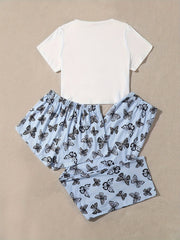 Butterfly Print 3pc Pajama Set Round Neck Cami Top Shorts Pants