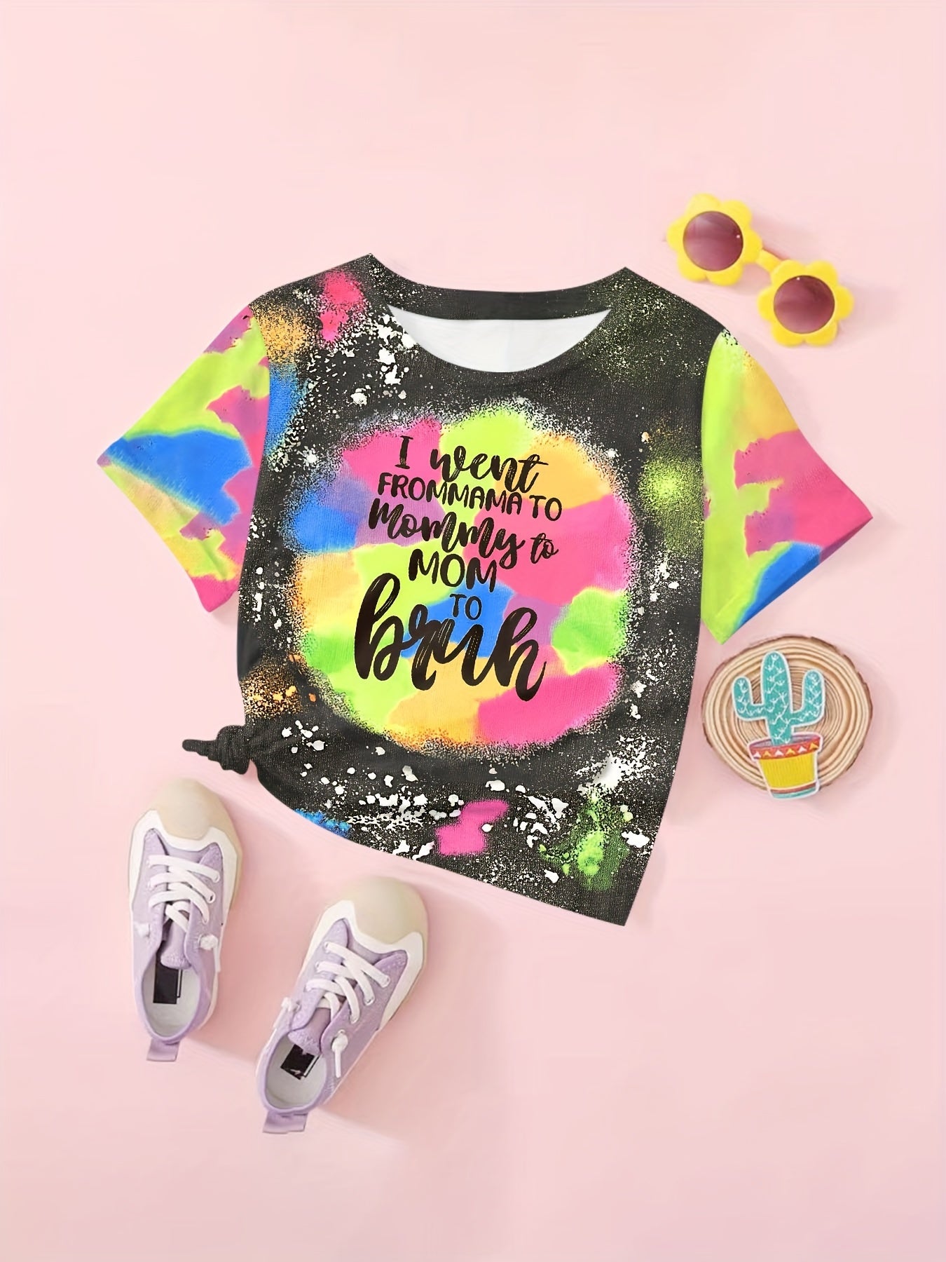 Girls Tie Dye Pattern Letter Print Short Sleeve T shirt