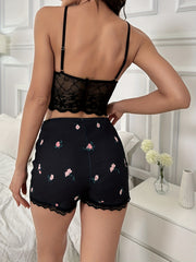 Floral Pajama Set V Neck Cami & Lace Trim Shorts