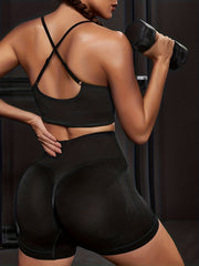2pcs Yoga Sports Sets Solid Cami Sports Bra & High Waist Gym Running Shorts
