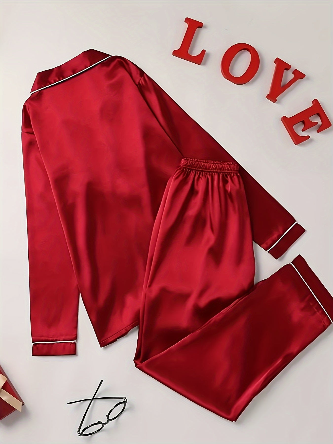 Solid Satin Lounge Set Long Sleeve Top & Pants Women's Loungewear