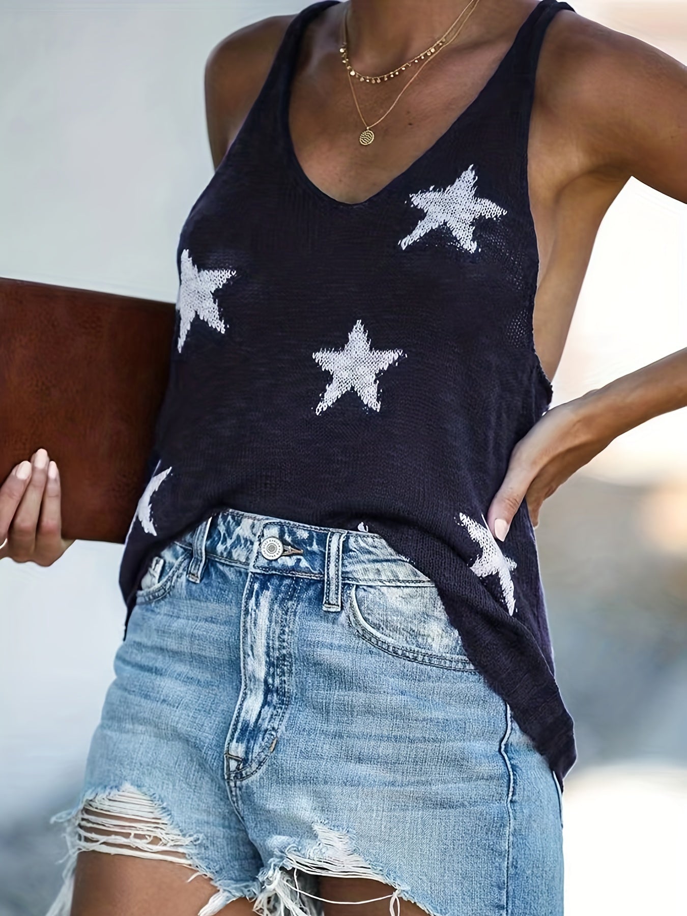 Star Pattern Sleeveless Knit Tank Top for Spring & Summer