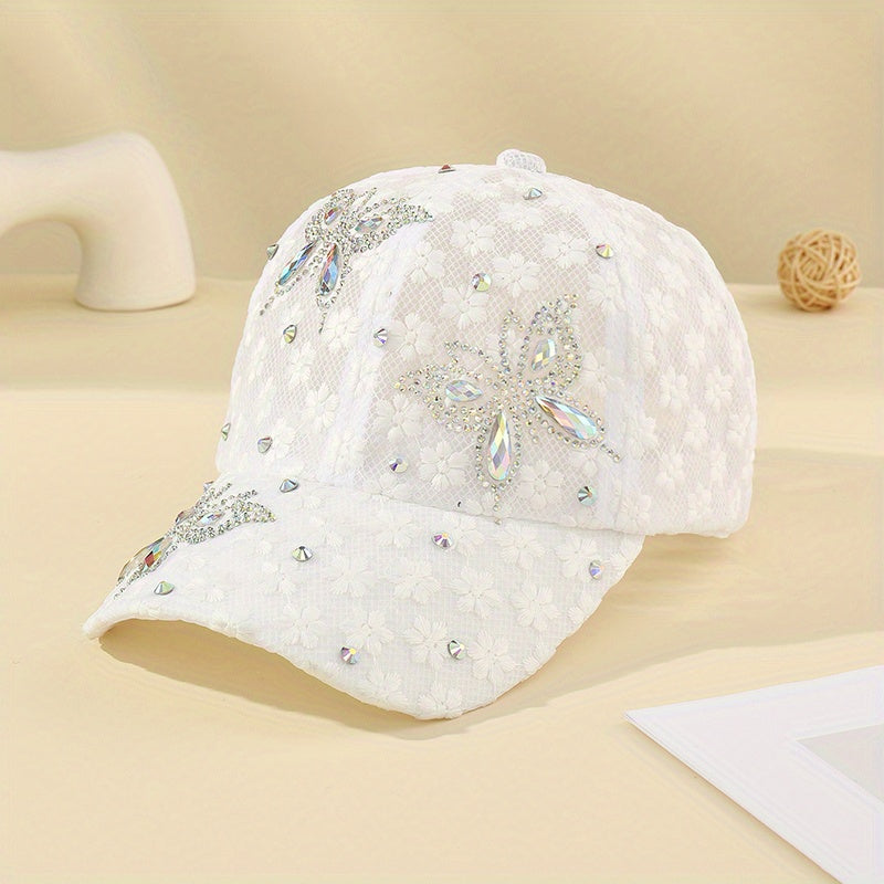 Lace Rhinestone Butterfly Baseball Cap Mesh Breathable Sports Hats Adjustable