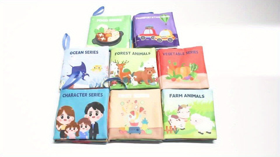 Set of 8 Cloth Books for Babies: Wild Animals, Ocean Animals, Fruits, Transporta