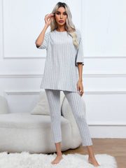 Solid Ribbed Lounge Set Short Sleeve Crew Neck Top & Elastic Waistband Pants