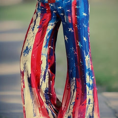 Women's Plus Flag Print Waist Band Low Rise Flare Leg Pants