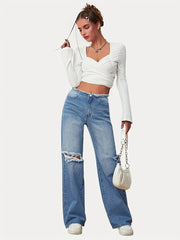 Raw Trim Distressed Denim Straight Leg Pants Women's Jeans