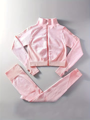 3pcs Block Yoga Workout Set Long Sleeve Jacket & Sports Bra & Leggings