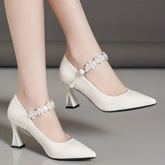 Rhinestone Flower Decor Chunky Heels Point Toe Dress Pumps