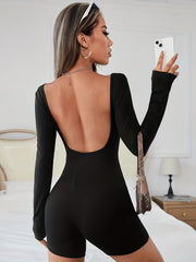 Solid Crew Neck Slim Romper Jumpsuit Long Sleeve Women's Clothing