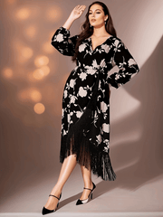 Women's Plus Floral Lantern Sleeve Fringe Dress