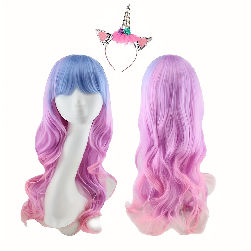 Pink Gradient Curved Wavy Long Wig with Unicorn Hair Band