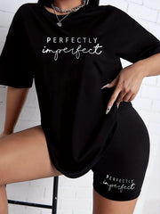 Letter Print Matching Two piece Set Casual Short Sleeve T shirt & Skinny Shorts
