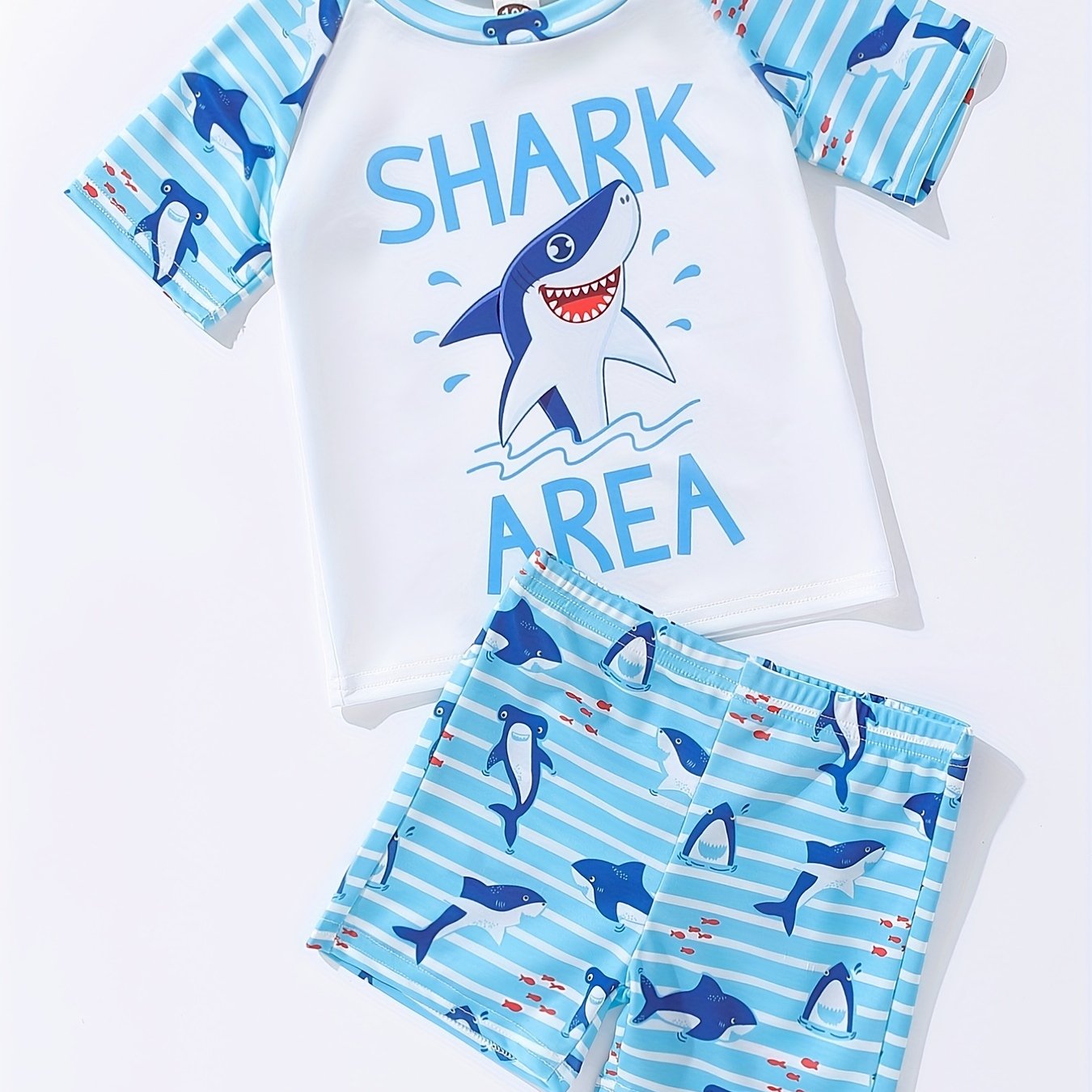 Boys Cartoon Shark Print Swimming Suit Trunks & Tops for Beach Vacation
