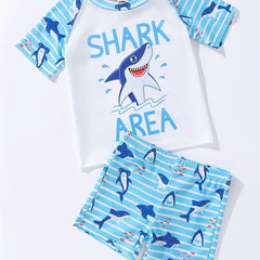 Boys Cartoon Shark Print Swimming Suit Trunks & Tops for Beach Vacation
