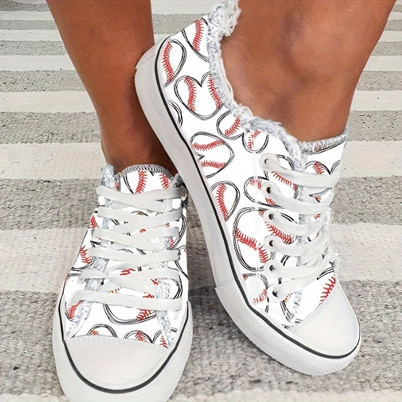 Women's Heart Printed Lace up Canvas Sneakers Outdoor Sports Shoes