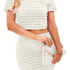 Popcorn Style Textured Two piece Skirt Set Short Sleeve Crop Top & Solid Skirt