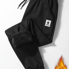 Leaf Print Men's Drawstring Fleece Sweatpants for Autumn Winter