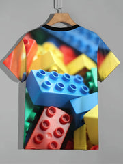 Colorful Block 3D Print Boy's T-shirt Breathable Loose Fit Round Neck Top