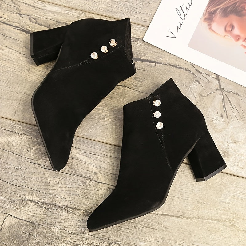 Pointed Toe Block Heeled Ankle Boots Solid Zipper Women's Boot