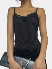 Floral Lace Trim Cami Top Y2K Crew Neck Sleeveless Top